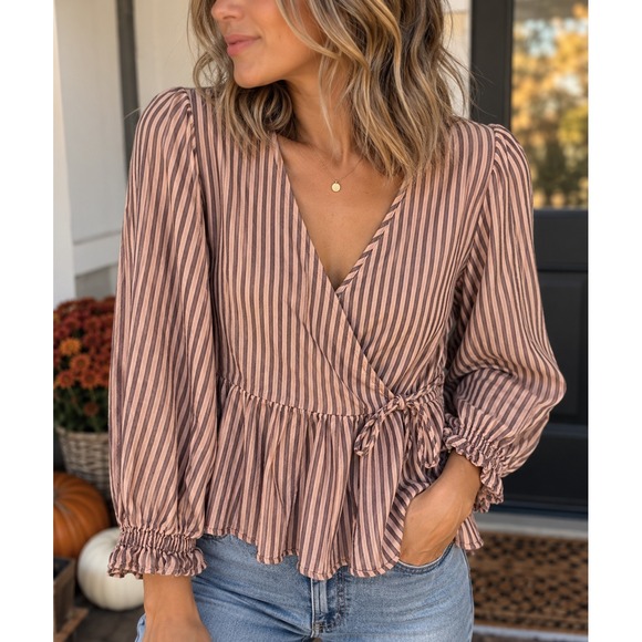 Madewell Tops - Madewell Pink Brown Striped Wrap Peplum Top S